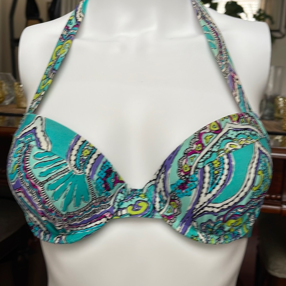 Aerie Blakely 34B Sz Medium Halter Bikini Top Swim Underwire Paisley Blue Green